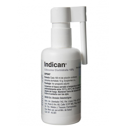 Anestesia Indican tópica en Spray, Lidocaína Clorhidrato 10%, 60ml. SIDUS